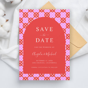 Vibrant Bright Pink & Red Midcentury Mod Wedding Save The Date