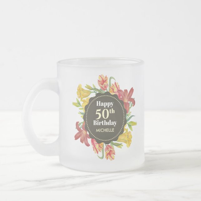 Vibrant Bright Spring Flowers Wreath Birthday Frosted Glass Coffee Mug (Left)