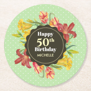 Vibrant Bright Spring Flowers Wreath Birthday Round Paper Coaster