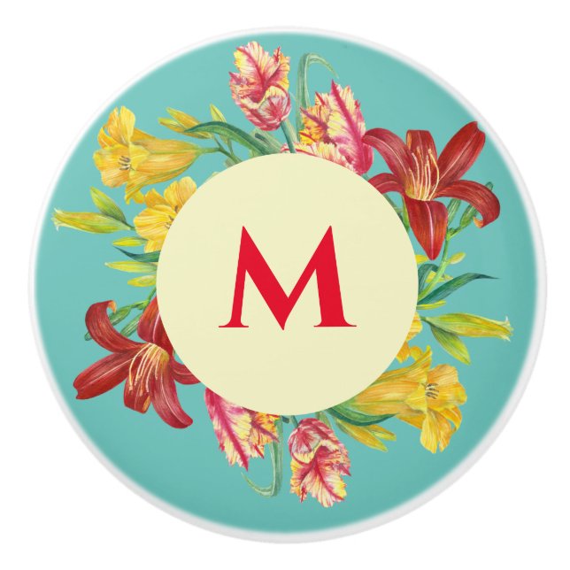 Vibrant Bright Spring Flowers Wreath Illustration Ceramic Knob (Front)