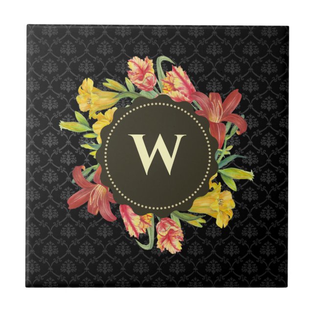 Vibrant Bright Spring Flowers Wreath Monogram Tile (Front)