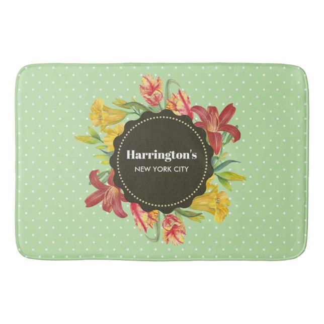 Vibrant Bright Spring Flowers Wreath Polka Dots Bath Mat (Front)