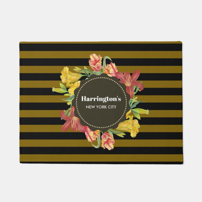Vibrant Bright Spring Flowers Wreath Stripes Doormat (Front)