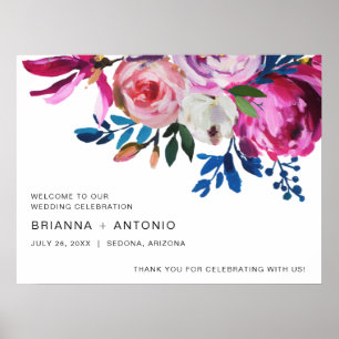 Vibrant Bright Teal Pink Floral Modern Wedding Poster