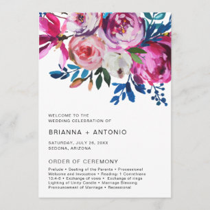 Vibrant Bright Teal Pink Floral Modern Wedding Programme