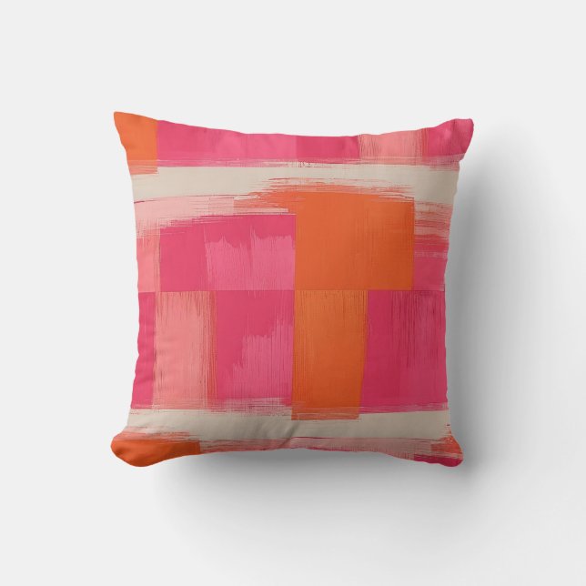 Vibrant Brushstroke Geometric Pattern – Pink & Ora Cushion (Front)