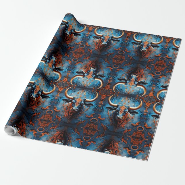 Vibrant bull portrait with Floral Motifs Wrapping Paper (Unrolled)