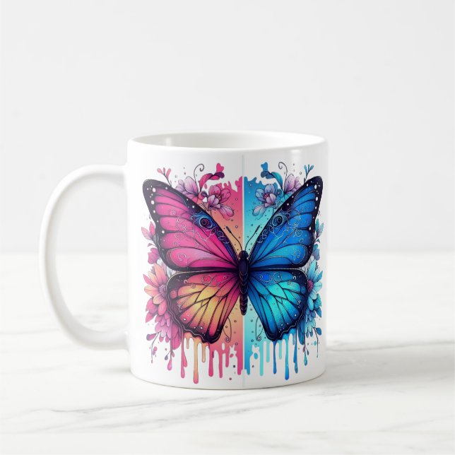 Vibrant Butterfly Art: Gradient Wings, Florals Coffee Mug (Left)