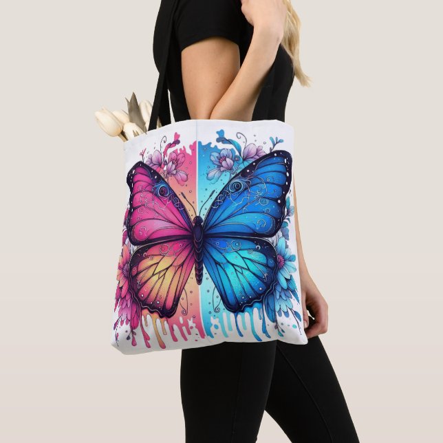 Vibrant Butterfly Art: Gradient Wings, Florals Tote Bag (Close Up)