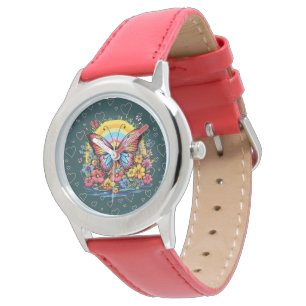 Vibrant Butterfly Floral Garden Women's Red Watch 
