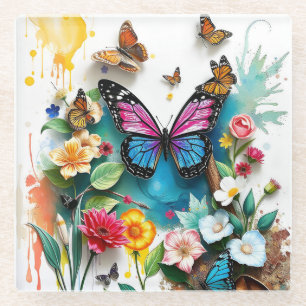 Vibrant Butterfly Garden Inspired Spring Design Glass Coaster
