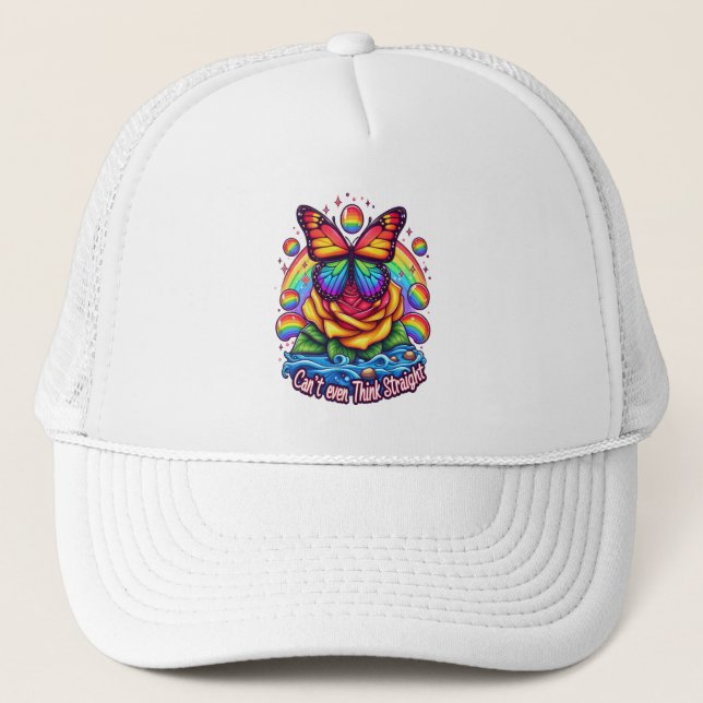Vibrant Butterfly Perched on Colourful Rose Trucker Hat (Front)