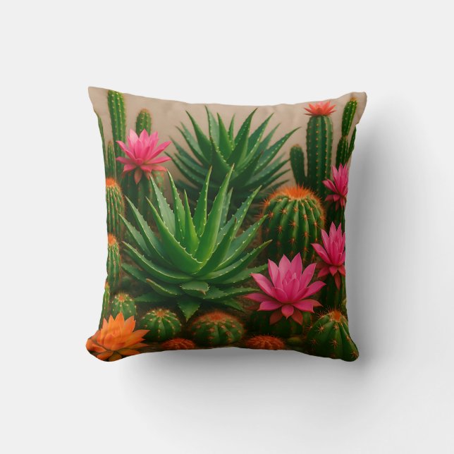 Vibrant Cactus Succulent Bloom Desert Cushion (Front)