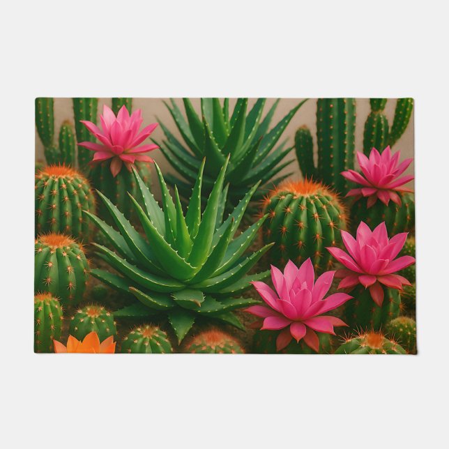 Vibrant Cactus Succulent Bloom Desert Doormat (Front)