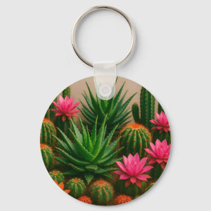 Vibrant Cactus Succulent Bloom Desert Key Ring