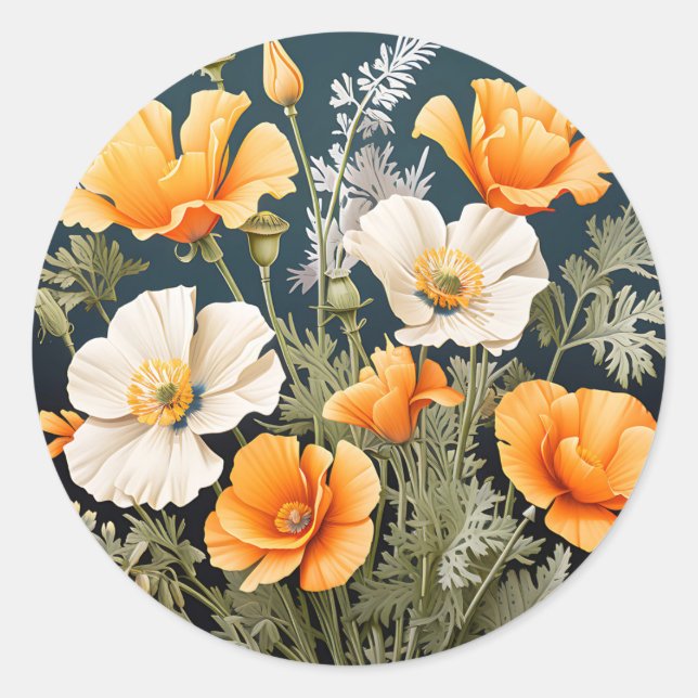 Vibrant California Poppy Botanical Classic Round Sticker (Front)