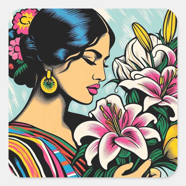 Vibrant Calla Lillies Floral Mexican Pop Art Square Sticker (Front)