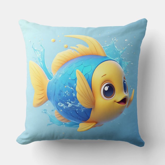 Vibrant Cartoon Fish with Splash Cushion (Front)