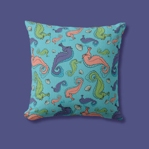 Vibrant Cartoon Seahorses and Shells Pattern Cushion
