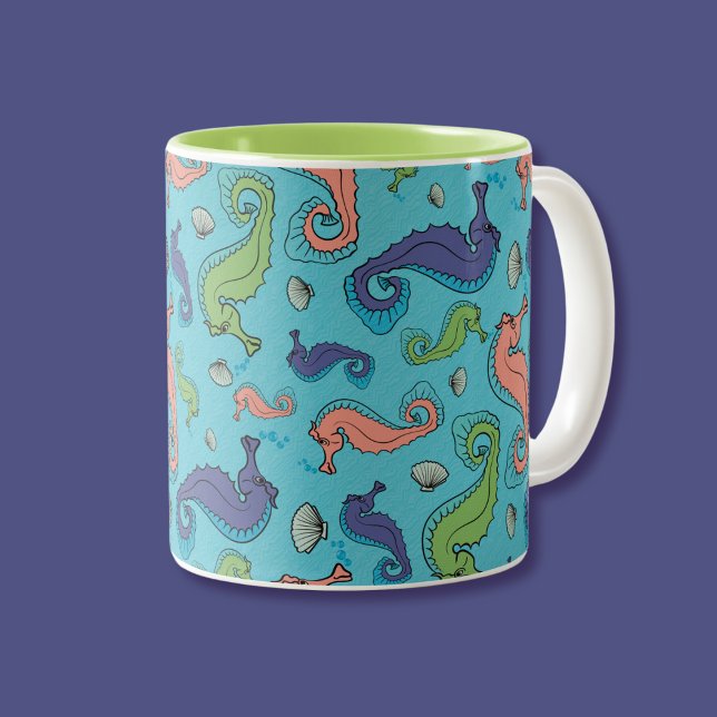 Vibrant Cartoon Seahorses and Shells Pattern Two-Tone Coffee Mug (Creator Uploaded)