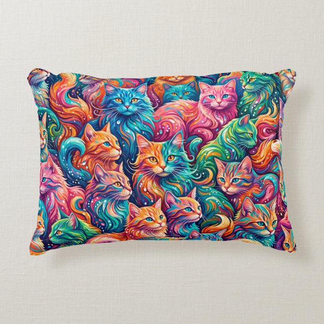 Vibrant Cat Dreamscape – Psychedelic Boho Decorative Cushion (Front)