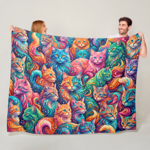 Vibrant Cat Dreamscape – Psychedelic Boho Fleece Blanket