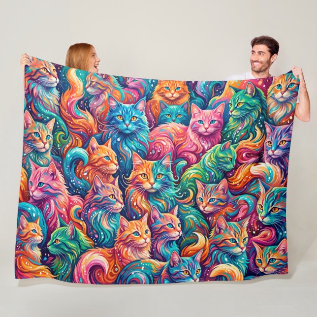 Vibrant Cat Dreamscape – Psychedelic Boho Fleece Blanket (In Situ)