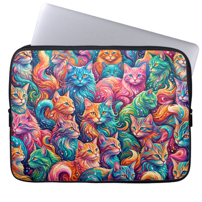 Vibrant Cat Dreamscape – Psychedelic Boho Laptop Sleeve (Front)