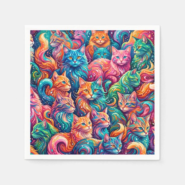 Vibrant Cat Dreamscape – Psychedelic Boho Napkin (Front)