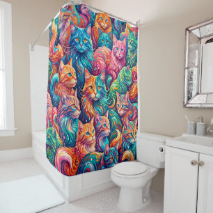 Vibrant Cat Dreamscape – Psychedelic Boho Shower Curtain