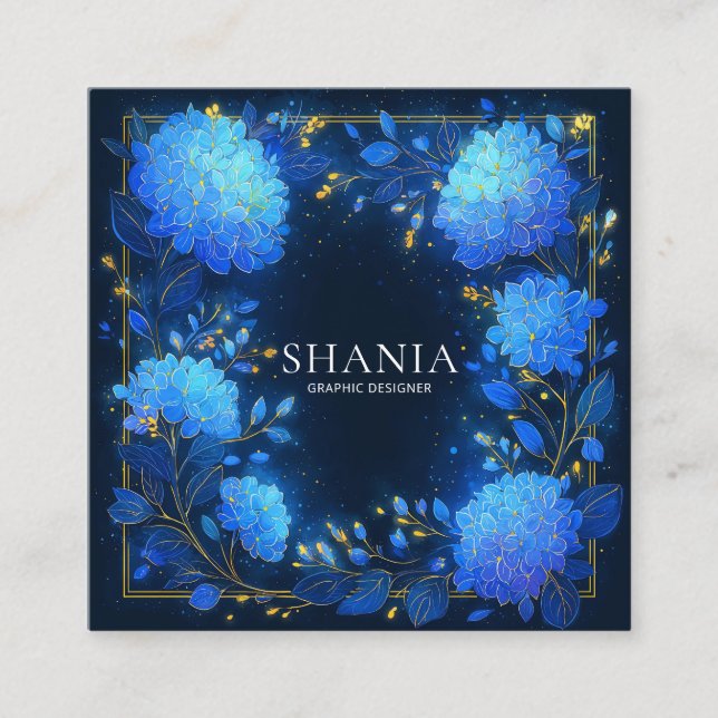 Vibrant Celestial Blue Floral Square Business Card (Front)