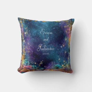Vibrant Celestial Gold Geometric Frame Galaxy Cushion