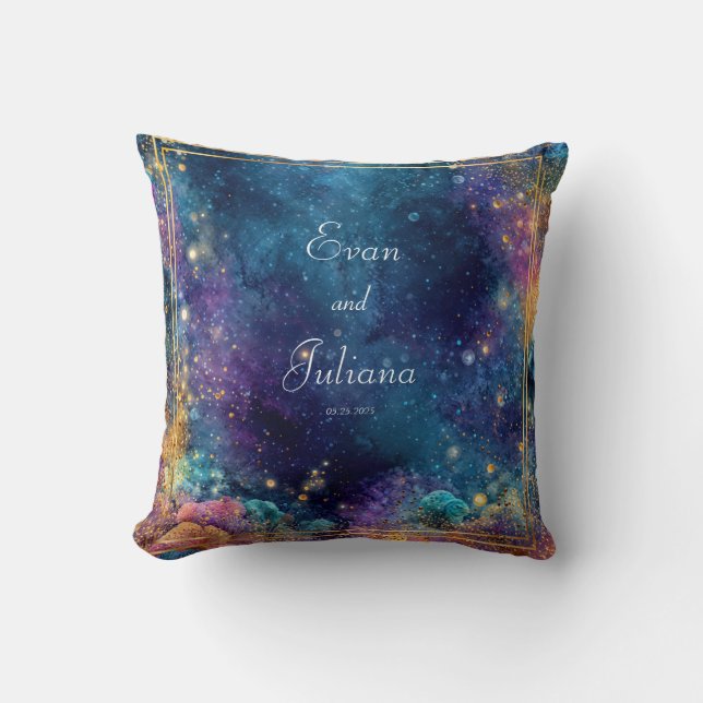 Vibrant Celestial Gold Geometric Frame Galaxy Cushion (Front)