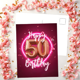 Vibrant Chic Rose Gold and Pink Neon 50th Birthday Postcard