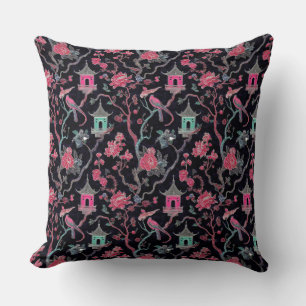 Vibrant Chinoiserie Pagoda and Birds Cushion