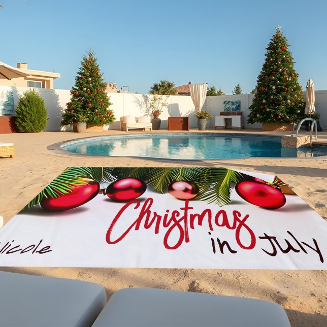 Vibrant Christmas In July Festive Palms Tropical Beach Towel (Tropical Christmas In July beach towel with palm leaves & red ornaments for festive summer fun!)