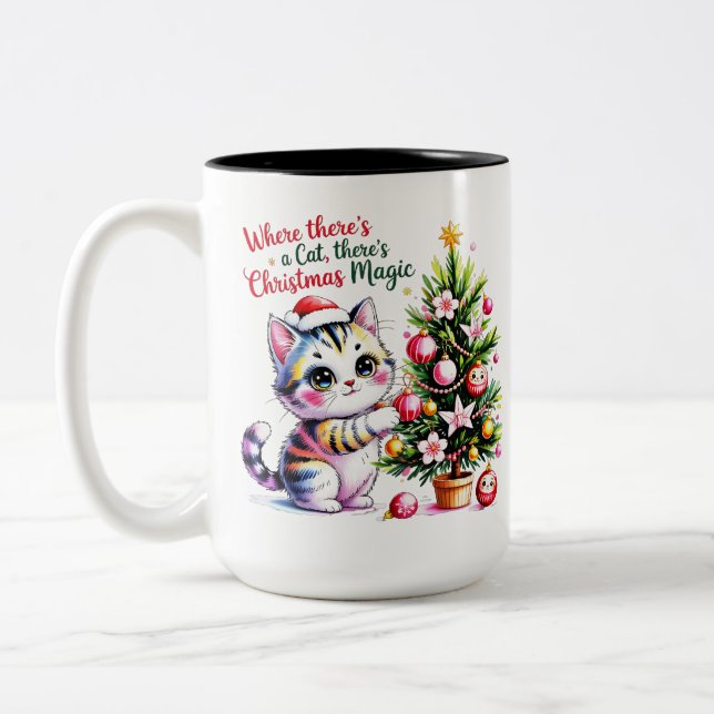 Vibrant Christmas Magic - Cozy Cat Mom Gift Two-Tone Coffee Mug (Left)
