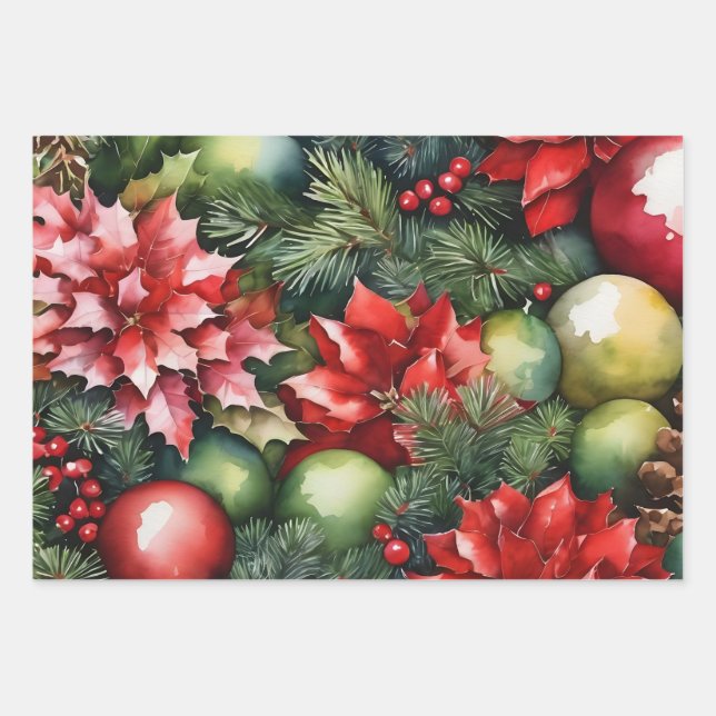 Vibrant Christmas Ornaments, Poinsettia, Berries  Wrapping Paper Sheet (Front)