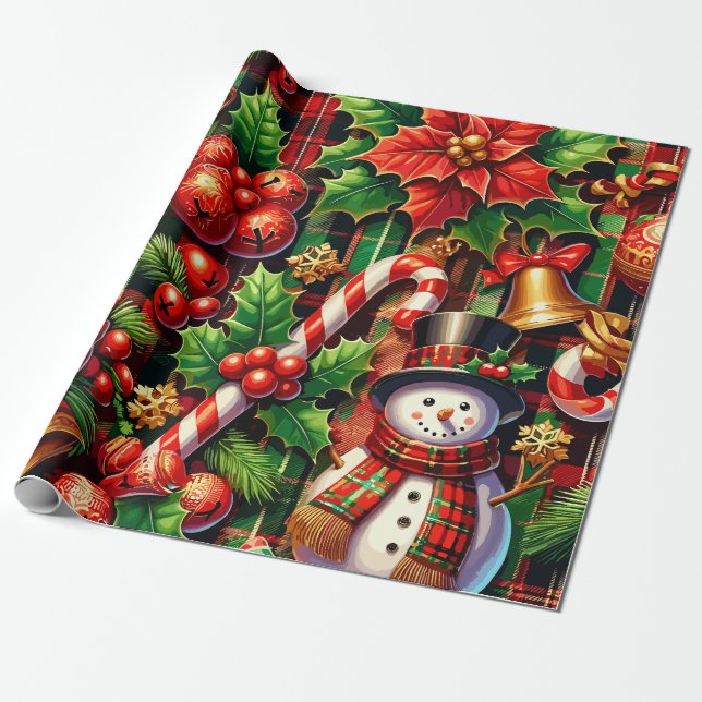 Vibrant Christmas Plaid Wrapping Paper (Unrolled)