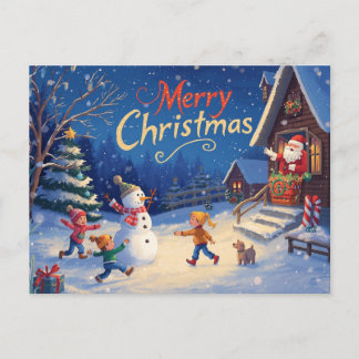 Vibrant Christmas Postcard – Snowman & Santa
