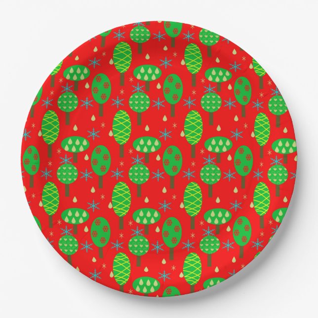 Vibrant Christmas trees and snowflakes pattern Paper Plate (Front)