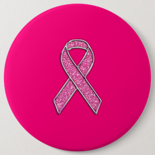 Vibrant Chrome Glitter Style Pink Ribbon Awareness 6 Cm Round Badge