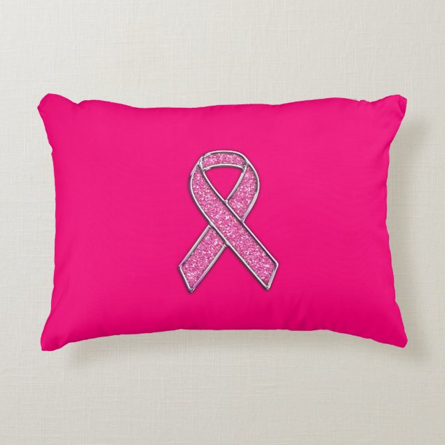 Vibrant Chrome Glitter Style Pink Ribbon Awareness Decorative Cushion (Front)