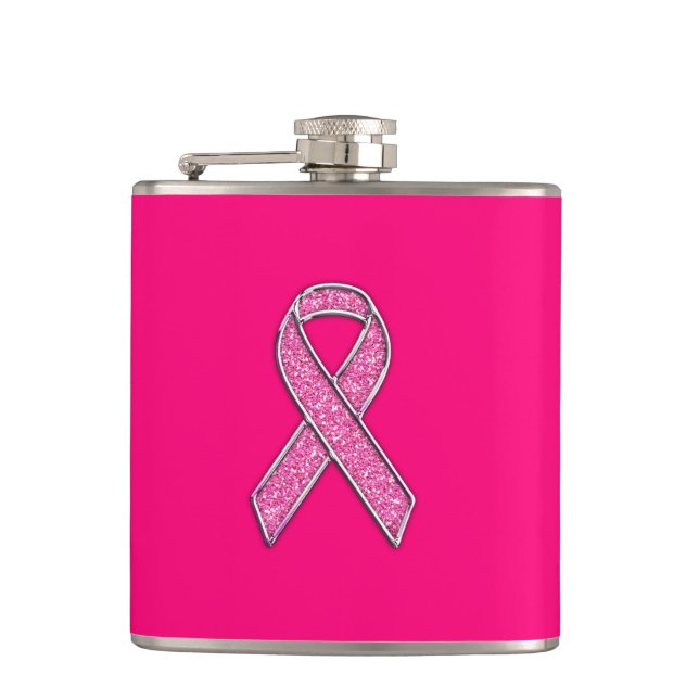 Vibrant Chrome Glitter Style Pink Ribbon Awareness Hip Flask (Front)
