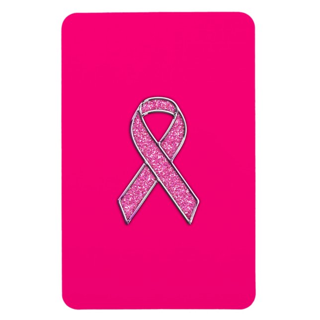 Vibrant Chrome Glitter Style Pink Ribbon Awareness Magnet (Vertical)