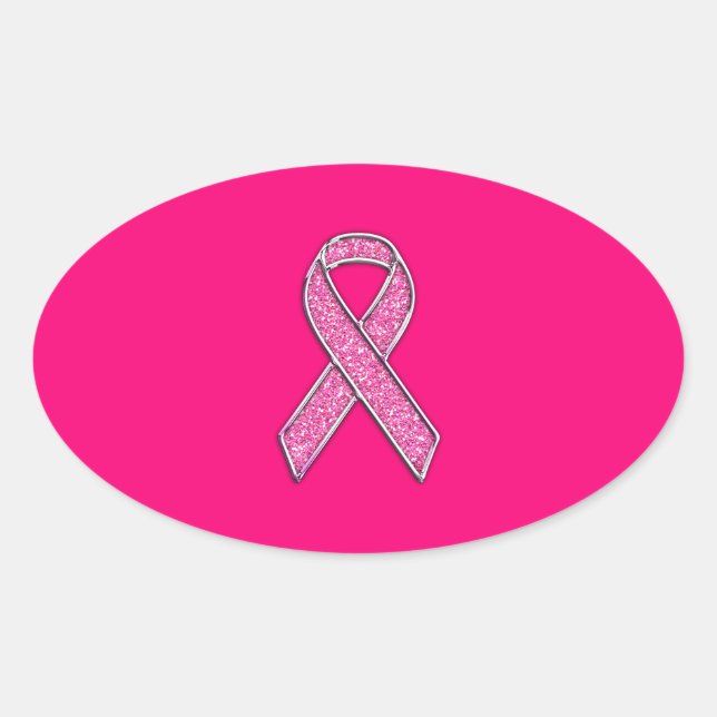 Vibrant Chrome Glitter Style Pink Ribbon Awareness Oval Sticker (Front)