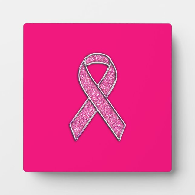 Vibrant Chrome Glitter Style Pink Ribbon Awareness Plaque (Front)