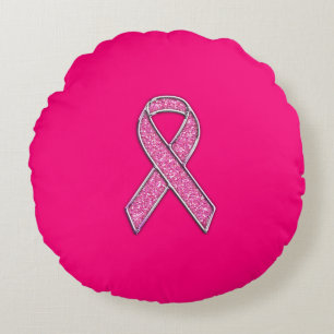 Vibrant Chrome Glitter Style Pink Ribbon Awareness Round Cushion
