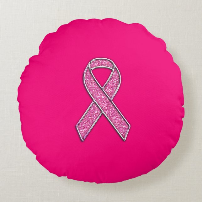 Vibrant Chrome Glitter Style Pink Ribbon Awareness Round Cushion (Front)