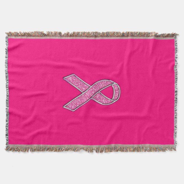 Vibrant Chrome Glitter Style Pink Ribbon Awareness Throw Blanket (Front)